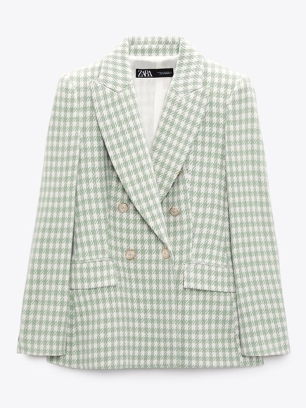 NWT Zara Double-Breasted Houndstooth Blazer in Light Green